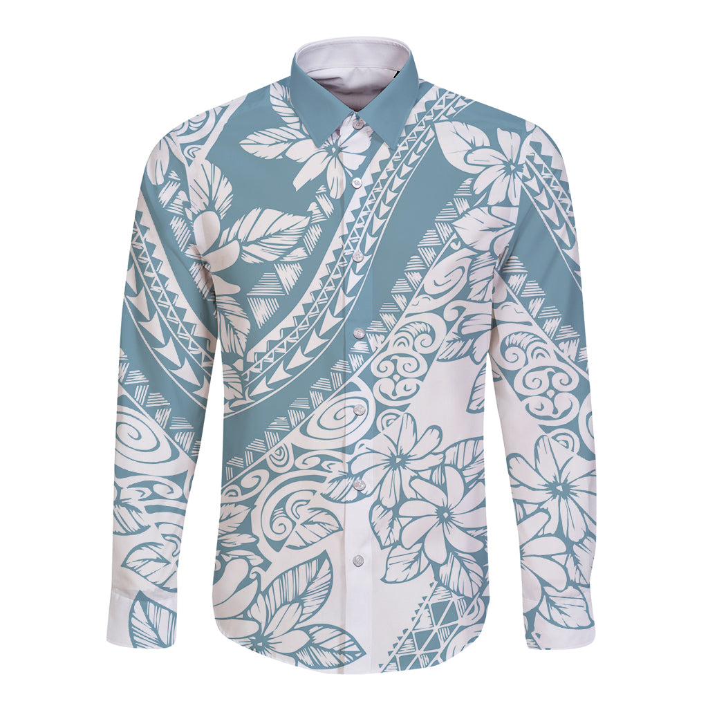 Polynesia Long Sleeve Button Shirt Polynesian Tropical Flowers Blue Pastel Vibes LT14 Unisex Blue - Polynesian Pride