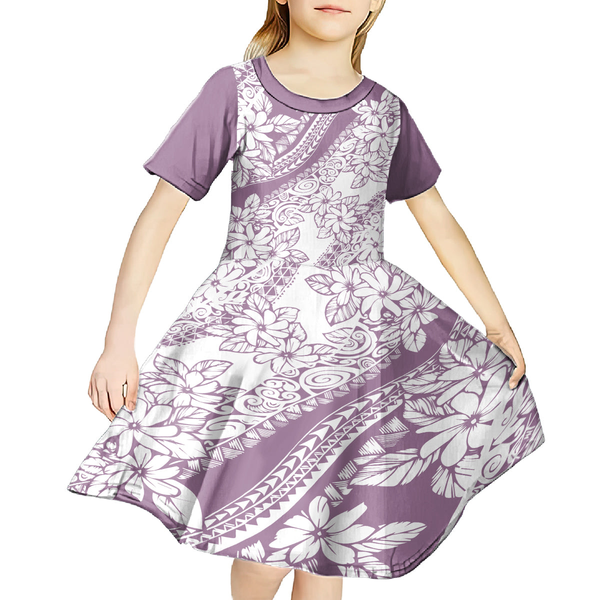 Polynesia Kid Short Sleeve Dress Polynesian Tropical Flowers Purple Pastel Vibes LT14 - Polynesian Pride