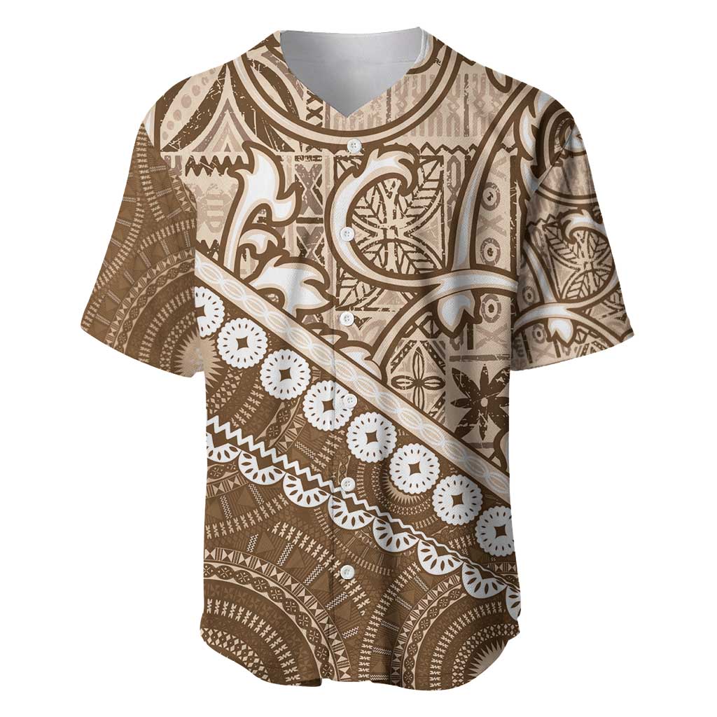 Beige Bula Fiji Baseball Jersey Fijian Language Week Tapa Cloth - Pastel LT14 Beige - Polynesian Pride