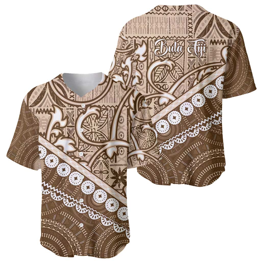 Beige Bula Fiji Baseball Jersey Fijian Language Week Tapa Cloth - Pastel LT14 - Polynesian Pride