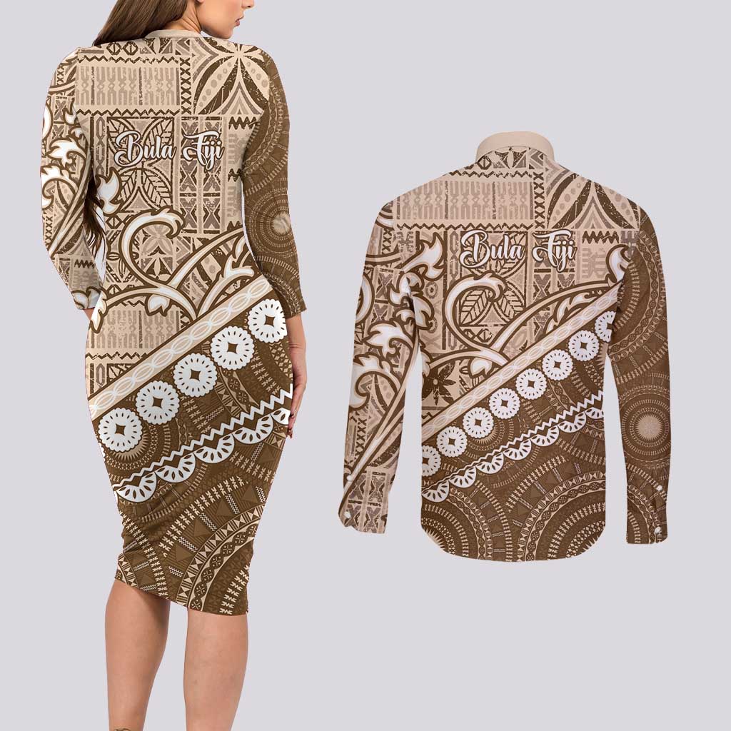 Beige Bula Fiji Couples Matching Long Sleeve Bodycon Dress and Long Sleeve Button Shirt Fijian Language Week Tapa Cloth - Pastel