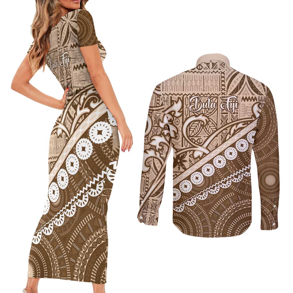 Beige Bula Fiji Couples Matching Short Sleeve Bodycon Dress and Long Sleeve Button Shirt Fijian Language Week Tapa Cloth - Pastel