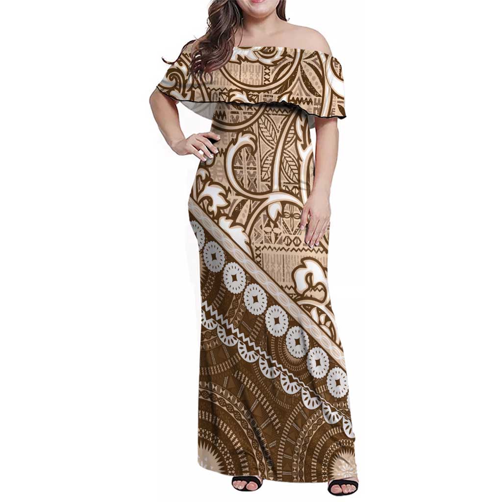 Beige Bula Fiji Family Matching Off Shoulder Maxi Dress and Hawaiian Shirt Fijian Language Week Tapa Cloth - Pastel