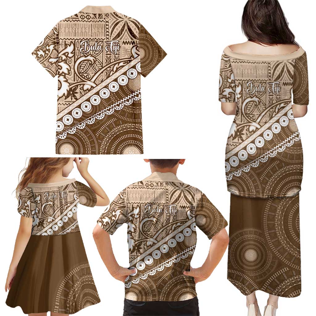 Beige Bula Fiji Family Matching Puletasi and Hawaiian Shirt Fijian Language Week Tapa Cloth - Pastel