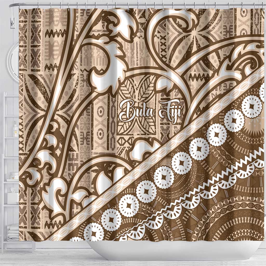 Beige Bula Fiji Shower Curtain Fijian Language Week Tapa Cloth - Pastel