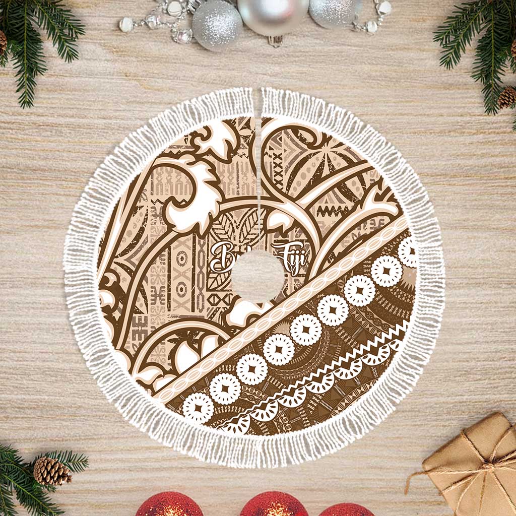 Beige Bula Fiji Tree Skirt Fijian Language Week Tapa Cloth - Pastel LT14 Fringed Beige - Polynesian Pride