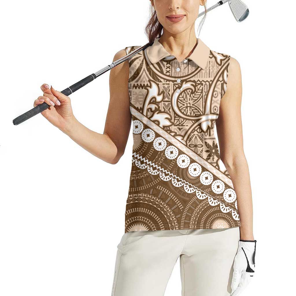 Beige Bula Fiji Women Sleeveless Polo Shirt Fijian Language Week Tapa Cloth - Pastel