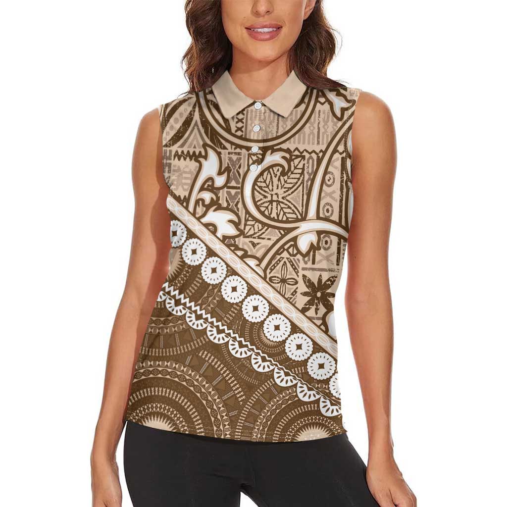Beige Bula Fiji Women Sleeveless Polo Shirt Fijian Language Week Tapa Cloth - Pastel