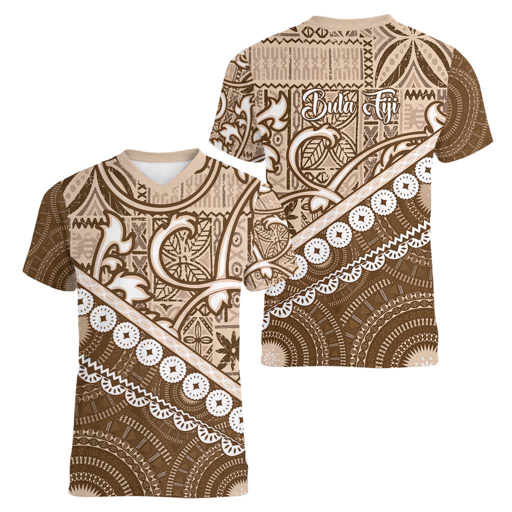 Beige Bula Fiji Women V-Neck T-Shirt Fijian Language Week Tapa Cloth - Pastel