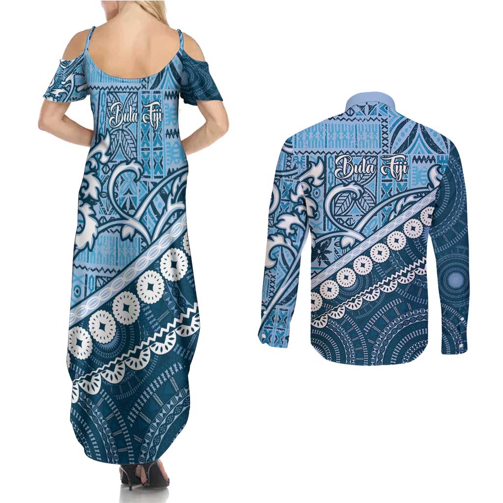 Blue Bula Fiji Couples Matching Summer Maxi Dress and Long Sleeve Button Shirt Fijian Language Week Tapa Cloth - Pastel