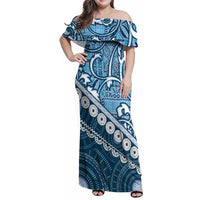 Blue Bula Fiji Family Matching Off Shoulder Maxi Dress and Hawaiian Shirt Fijian Language Week Tapa Cloth - Pastel