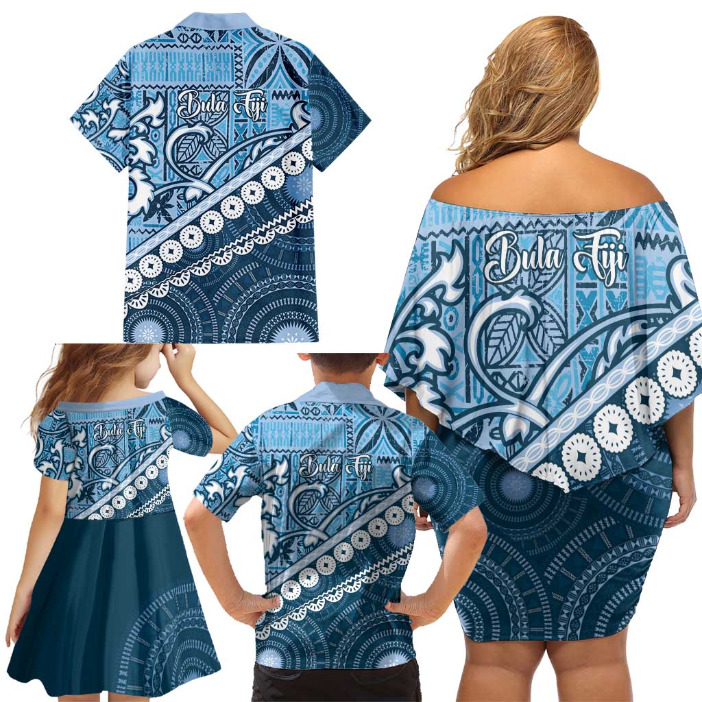 Blue Bula Fiji Family Matching Off Shoulder Short Dress and Hawaiian Shirt Fijian Language Week Tapa Cloth - Pastel