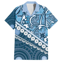 Blue Bula Fiji Family Matching Off Shoulder Short Dress and Hawaiian Shirt Fijian Language Week Tapa Cloth - Pastel