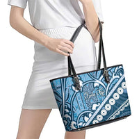 Blue Bula Fiji Leather Tote Bag Fijian Language Week Tapa Cloth - Pastel