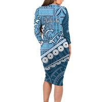 Blue Bula Fiji Long Sleeve Bodycon Dress Fijian Language Week Tapa Cloth - Pastel
