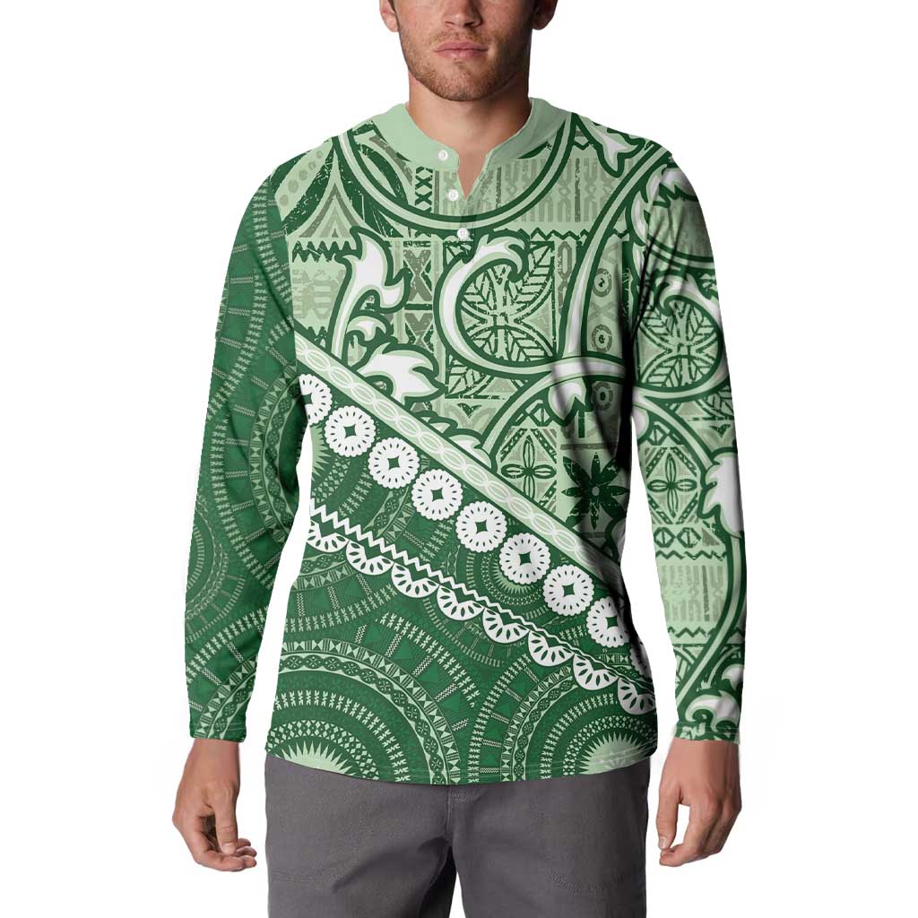 Green Bula Fiji Button Sweatshirt Fijian Language Week Tapa Cloth - Pastel
