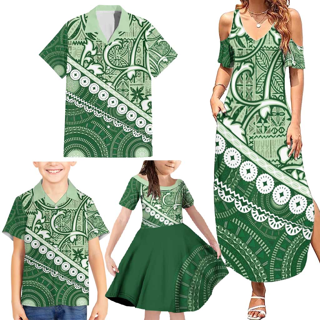 Green Bula Fiji Family Matching Summer Maxi Dress and Hawaiian Shirt Fijian Language Week Tapa Cloth - Pastel