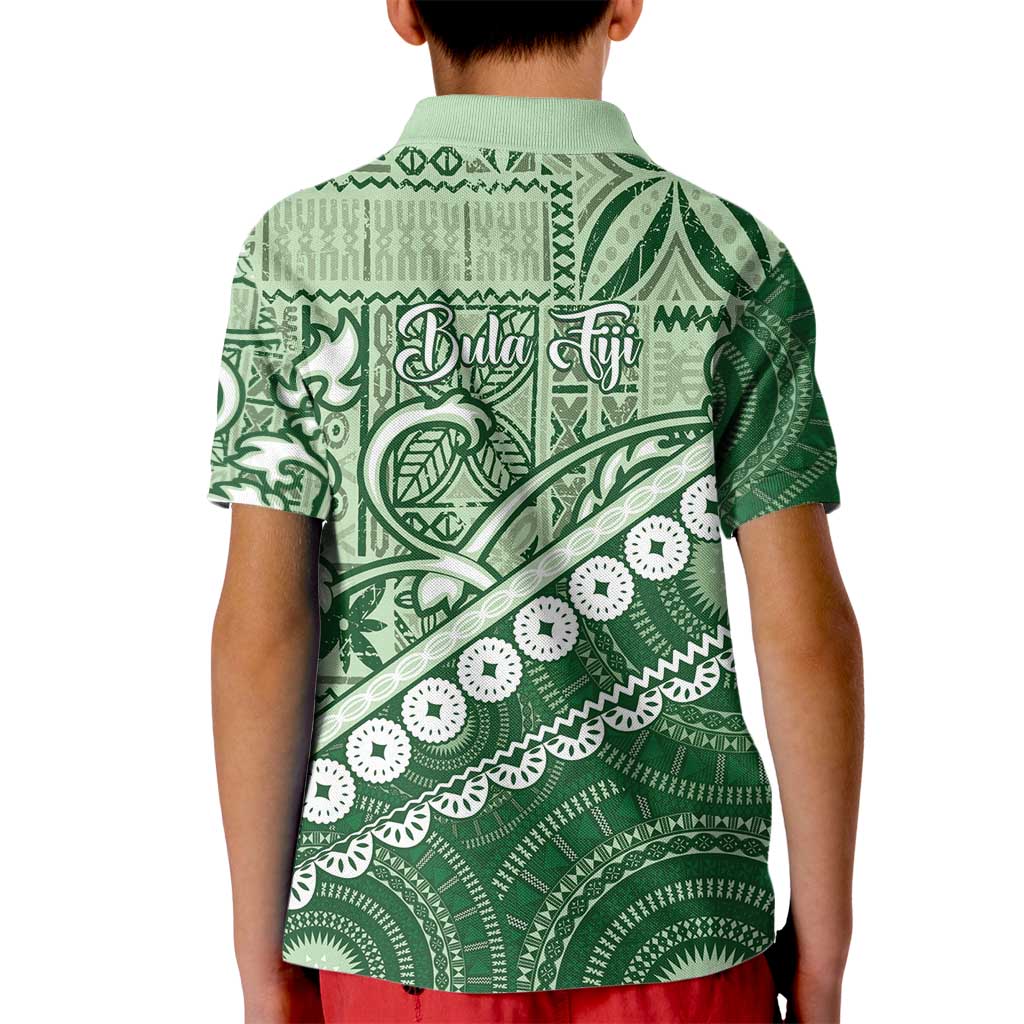 Green Bula Fiji Kid Polo Shirt Fijian Language Week Tapa Cloth - Pastel LT14 - Polynesian Pride