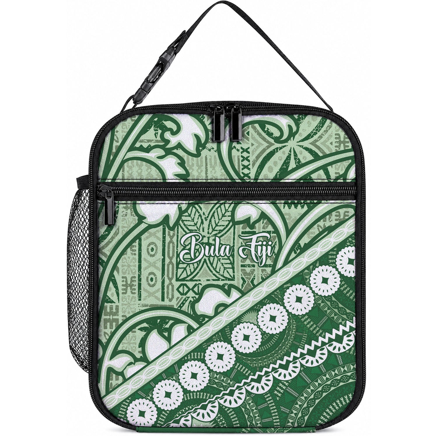 Green Bula Fiji Lunch Bag Fijian Language Week Tapa Cloth - Pastel LT14 10.2 × 8.3 × 4.3 inch Green - Polynesian Pride