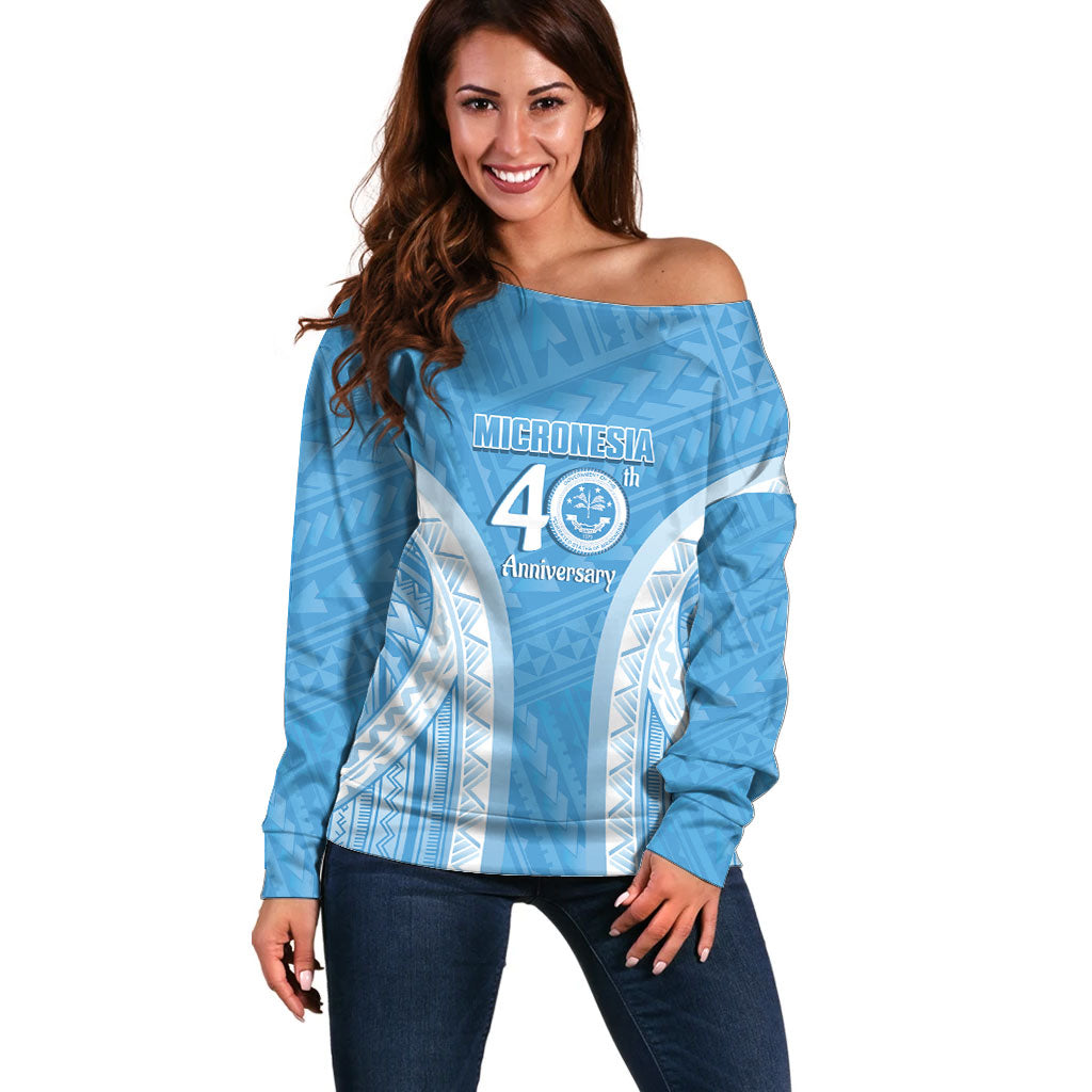 Federated States of Micronesia Independence Day Off Shoulder Sweater FSM 40th Anniversary Proud LT14 Women Blue - Polynesian Pride