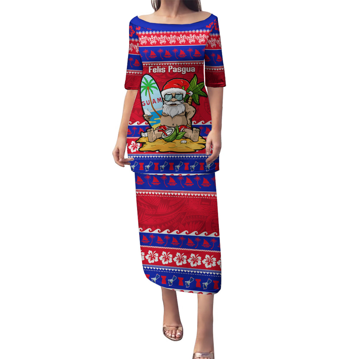 Custom Guam Christmas Family Matching Puletasi Dress and Hawaiian Shirt Guaman Santas Felis Pasgua LT14 Mom's Dress Blue - Polynesian Pride