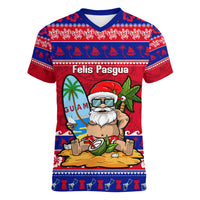 Custom Guam Christmas Women V Neck T Shirt Guaman Santas Felis Pasgua LT14 Female Blue - Polynesian Pride