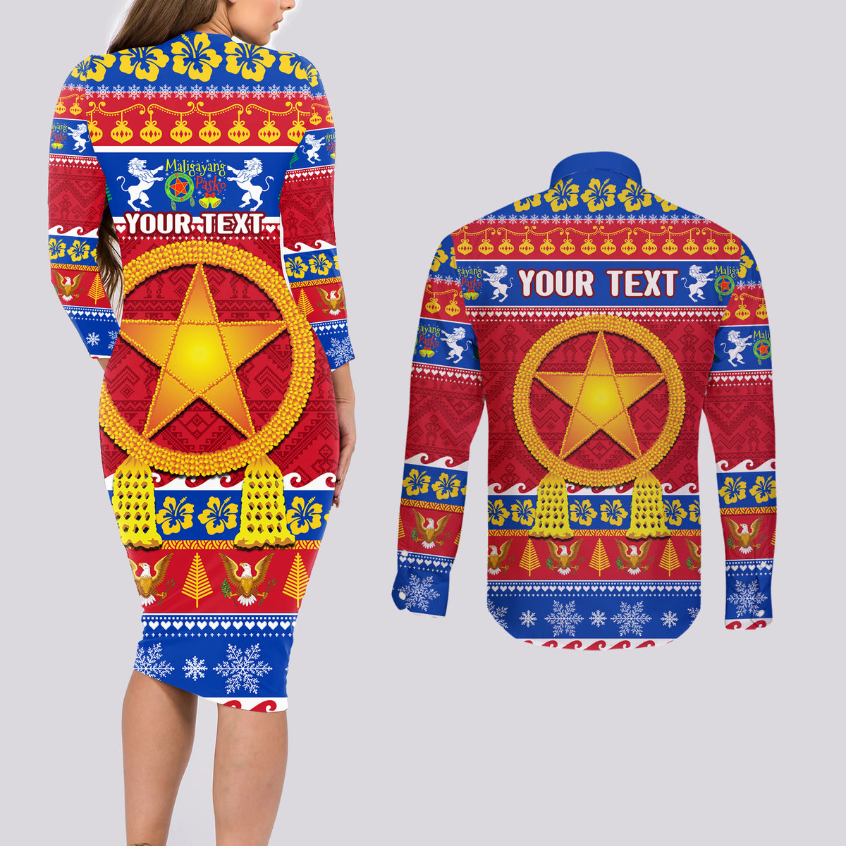 Custom Philippines Christmas Couples Matching Long Sleeve Bodycon Dress and Long Sleeve Button Shirt Filipino Parol Maligayang Pasko LT14 - Polynesian Pride