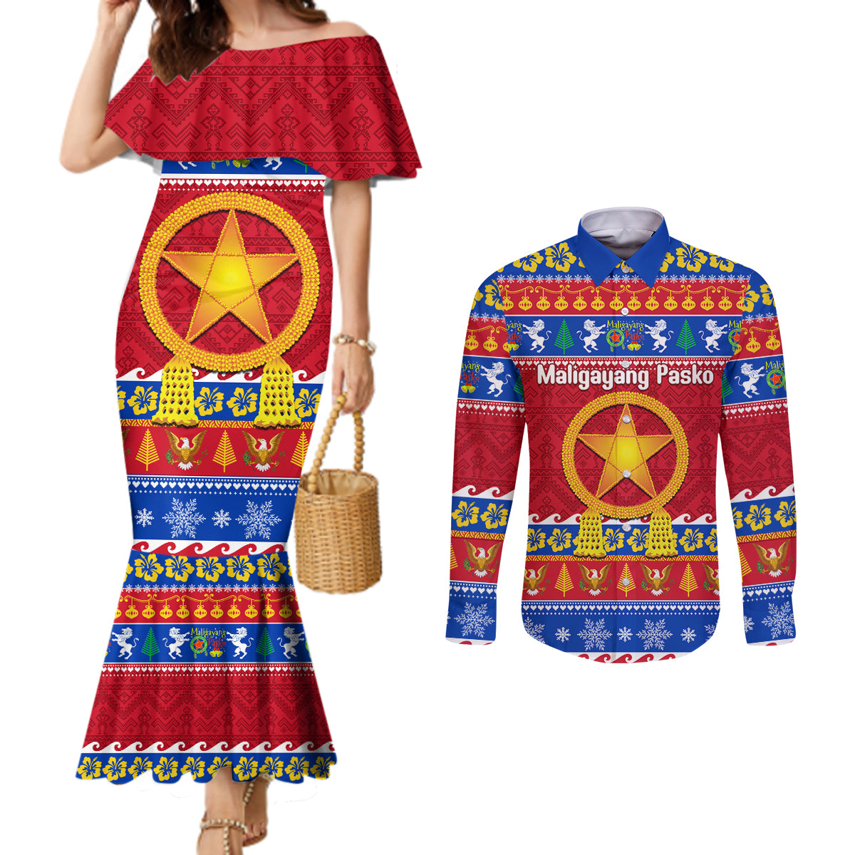 Custom Philippines Christmas Couples Matching Mermaid Dress and Long Sleeve Button Shirt Filipino Parol Maligayang Pasko LT14 Blue - Polynesian Pride