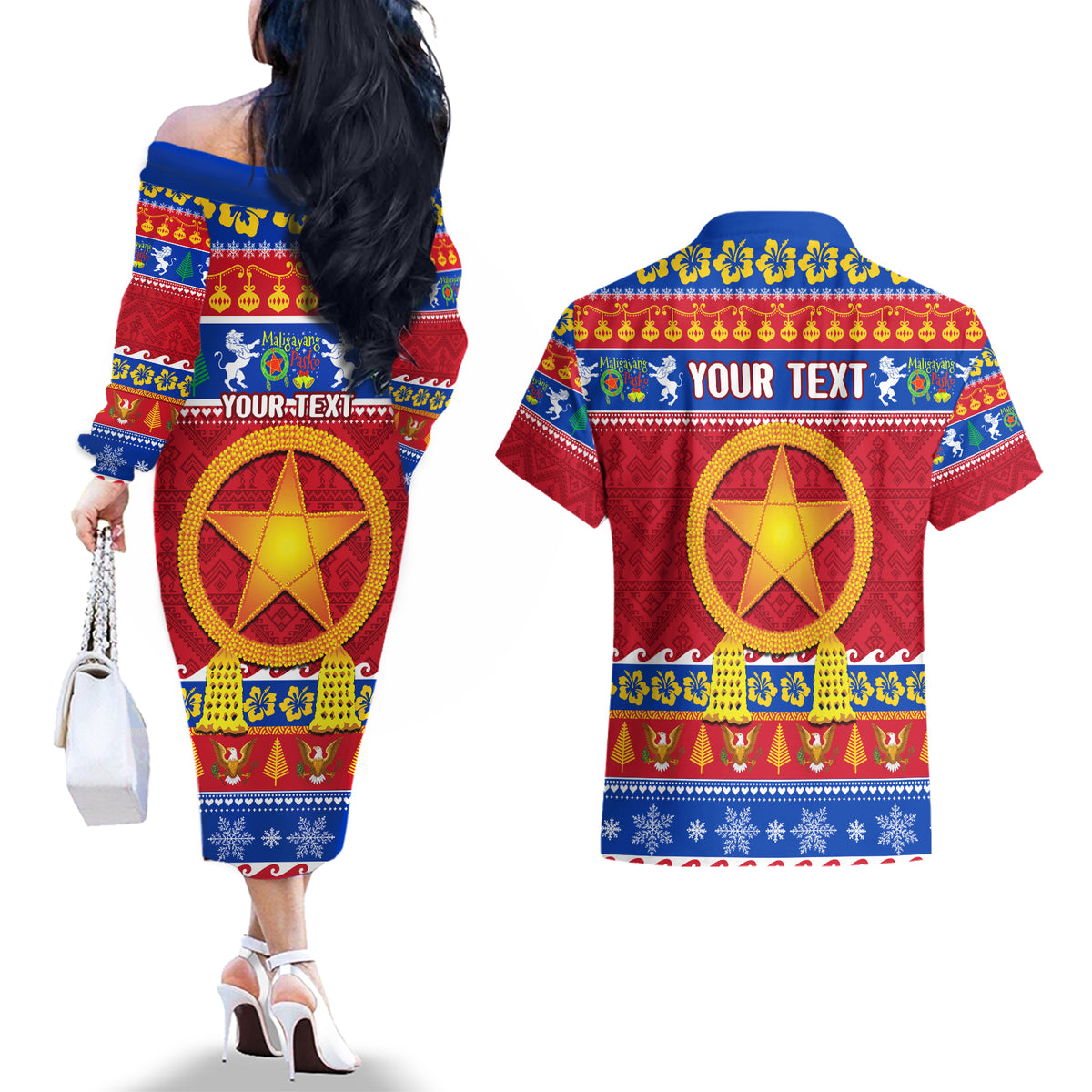 Custom Philippines Christmas Couples Matching Off The Shoulder Long Sleeve Dress and Hawaiian Shirt Filipino Parol Maligayang Pasko LT14 - Polynesian Pride