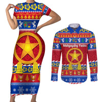 Custom Philippines Christmas Couples Matching Short Sleeve Bodycon Dress and Long Sleeve Button Shirt Filipino Parol Maligayang Pasko LT14 Blue - Polynesian Pride