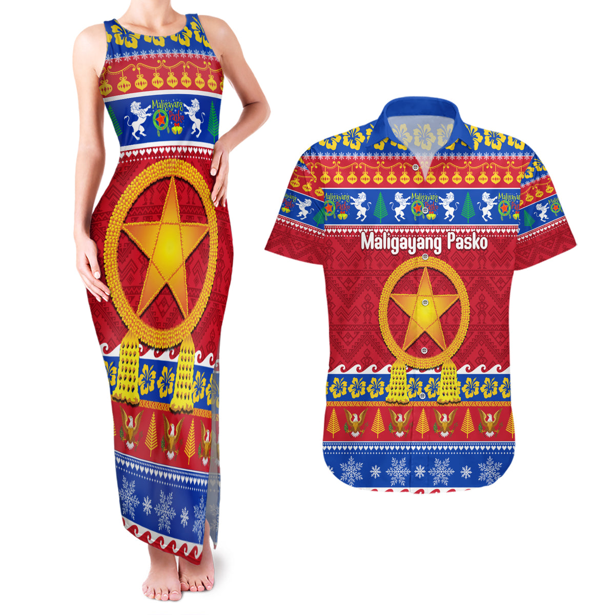 Custom Philippines Christmas Couples Matching Tank Maxi Dress and Hawaiian Shirt Filipino Parol Maligayang Pasko LT14 Blue - Polynesian Pride