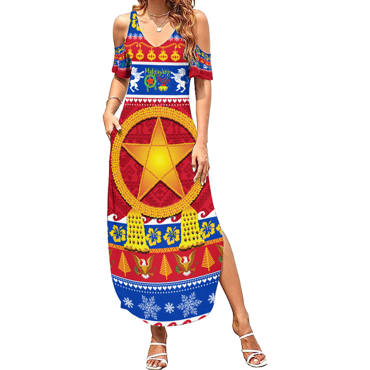 Custom Philippines Christmas Family Matching Summer Maxi Dress and Hawaiian Shirt Filipino Parol Maligayang Pasko LT14 Mom's Dress Blue - Polynesian Pride