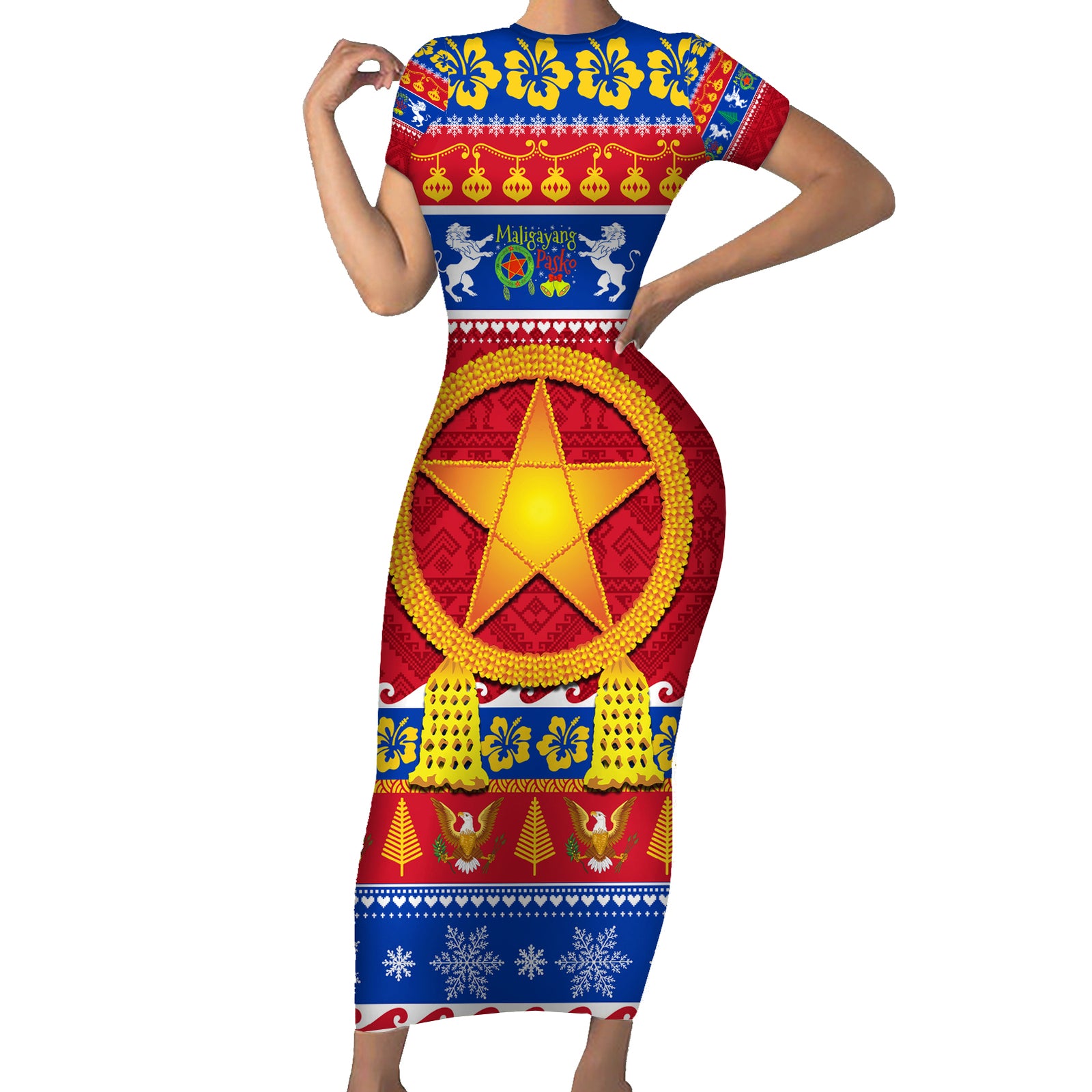 Custom Philippines Christmas Short Sleeve Bodycon Dress Filipino Parol Maligayang Pasko LT14 Long Dress Blue - Polynesian Pride