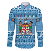 Custom Fiji Christmas Family Matching Long Sleeve Bodycon Dress and Hawaiian Shirt Fijian Tapa Marau na Kerisimasi LT14 Dad's Shirt - Long Sleeve Blue - Polynesian Pride