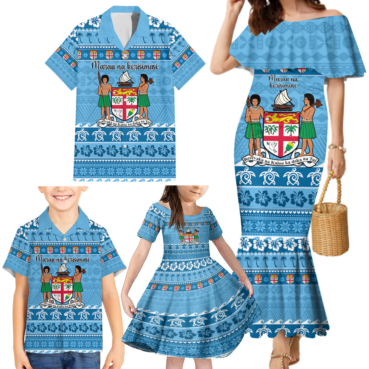 Custom Fiji Christmas Family Matching Mermaid Dress and Hawaiian Shirt Fijian Tapa Marau na Kerisimasi LT14 - Polynesian Pride
