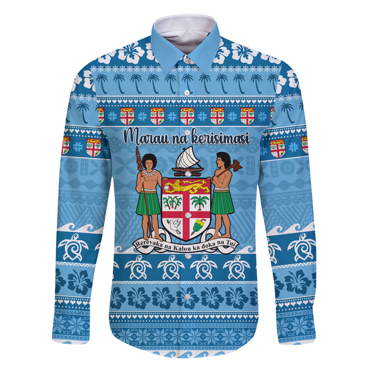 Custom Fiji Christmas Family Matching Off Shoulder Maxi Dress and Hawaiian Shirt Fijian Tapa Marau na Kerisimasi LT14 Dad's Shirt - Long Sleeve Blue - Polynesian Pride