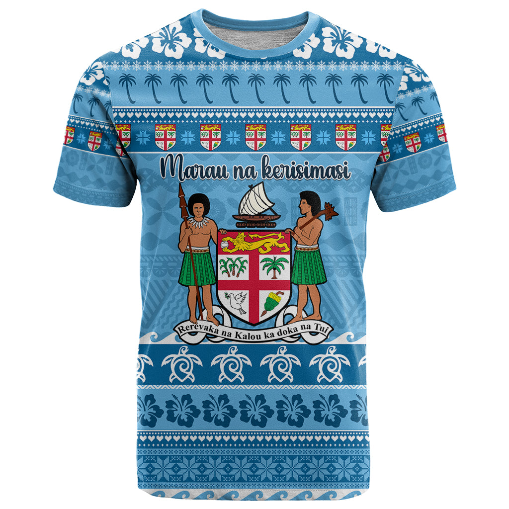 Custom Fiji Christmas T Shirt Fijian Tapa Marau na Kerisimasi LT14 Blue - Polynesian Pride