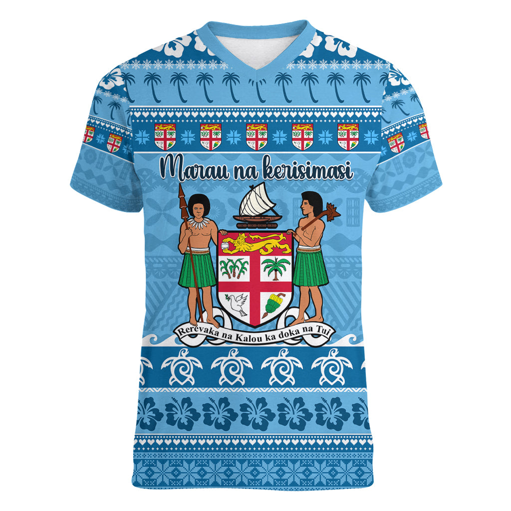 Custom Fiji Christmas Women V Neck T Shirt Fijian Tapa Marau na Kerisimasi LT14 Female Blue - Polynesian Pride
