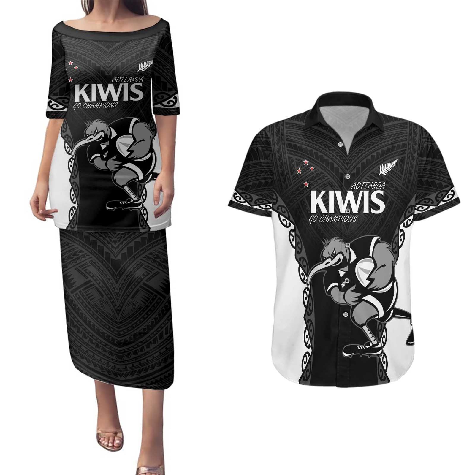 Aotearoa Rugby Custom Couples Matching Puletasi and Hawaiian Shirt Maori Kiwi - Mascot Style
