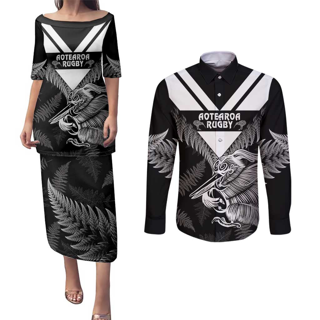 Aotearoa Silver Fern Rugby Custom Couples Matching Puletasi and Long Sleeve Button Shirt 2024 Go Kiwi
