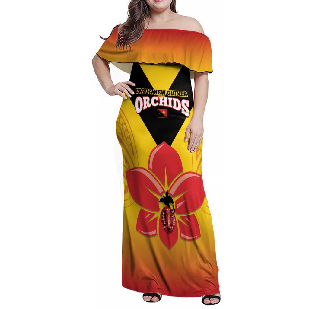 Orchids PNG Rugby Custom Family Matching Off Shoulder Maxi Dress and Hawaiian Shirt Go Champions Papua New Guinea