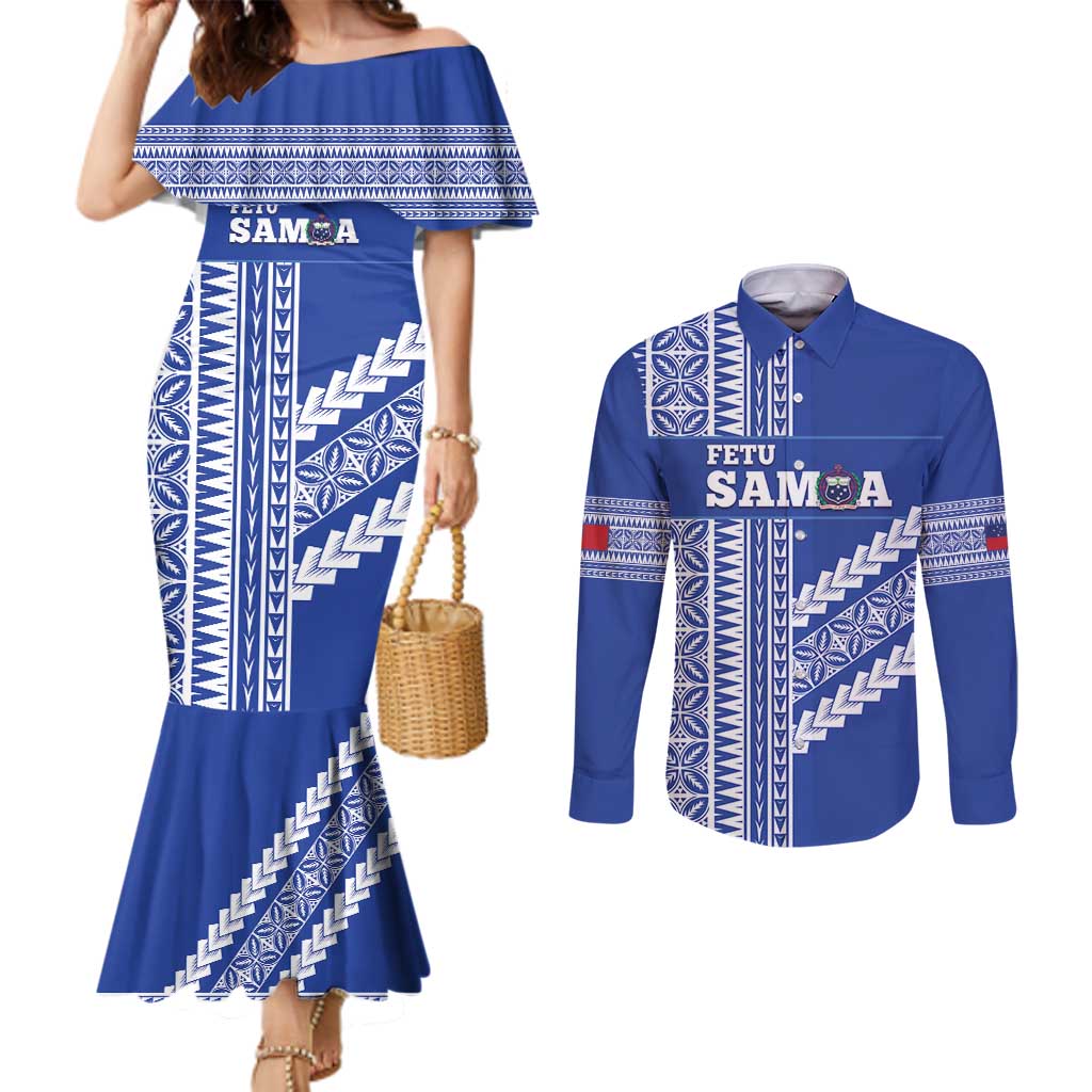 Fetu Samoa Rugby Custom Couples Matching Mermaid Dress and Long Sleeve Button Shirt Siapo Pattern - Sporty Style