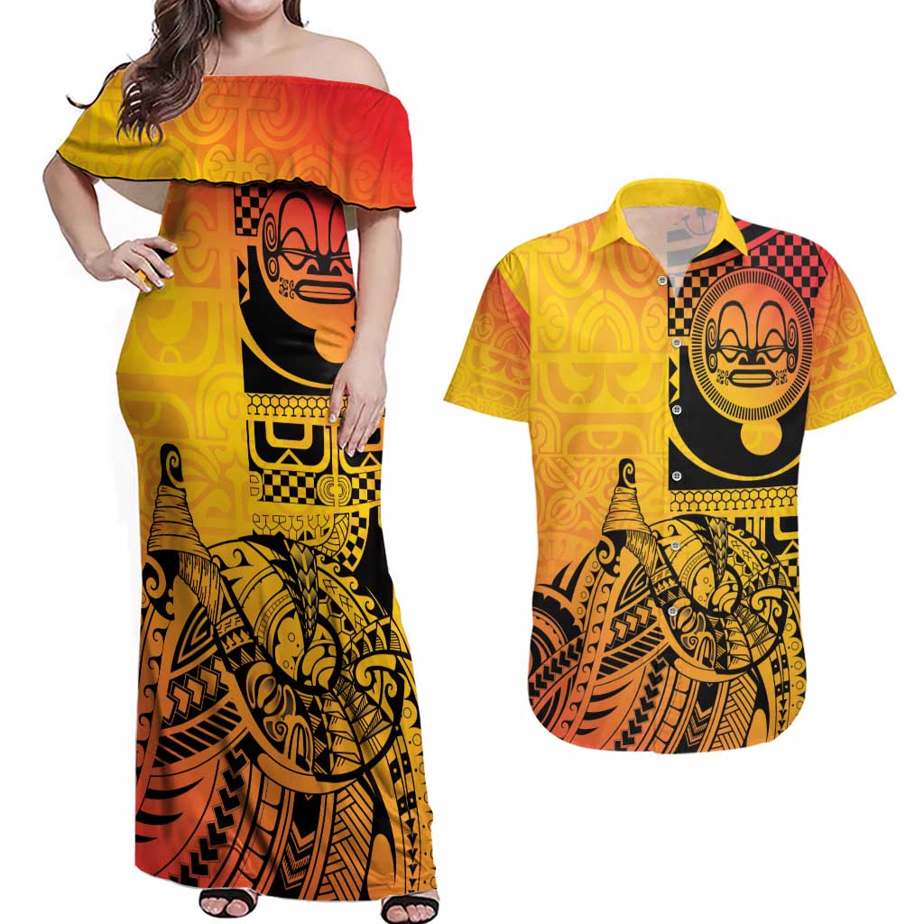 Marquesas Islands Couples Matching Off Shoulder Maxi Dress and Hawaiian Shirt Marquesan Matatiki Fish Hook Patutiki - Polynesian Pride