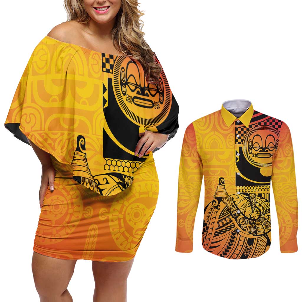 Marquesas Islands Couples Matching Off Shoulder Short Dress and Long Sleeve Button Shirt Marquesan Matatiki Fish Hook Patutiki - Polynesian Pride