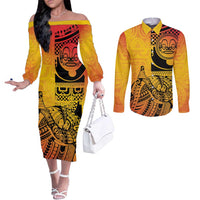 Marquesas Islands Couples Matching Off The Shoulder Long Sleeve Dress and Long Sleeve Button Shirt Marquesan Matatiki Fish Hook Patutiki - Polynesian Pride