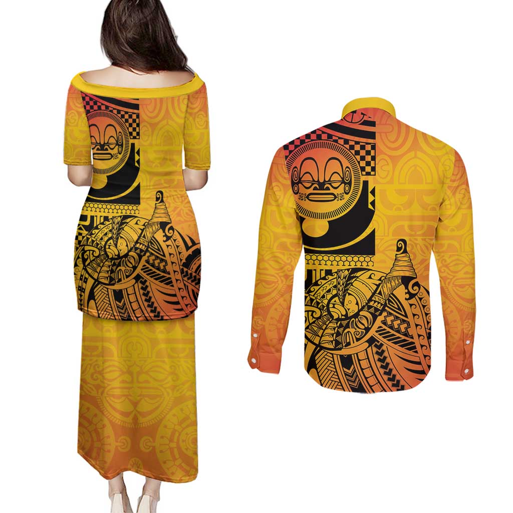 Marquesas Islands Couples Matching Puletasi and Long Sleeve Button Shirt Marquesan Matatiki Fish Hook Patutiki - Polynesian Pride