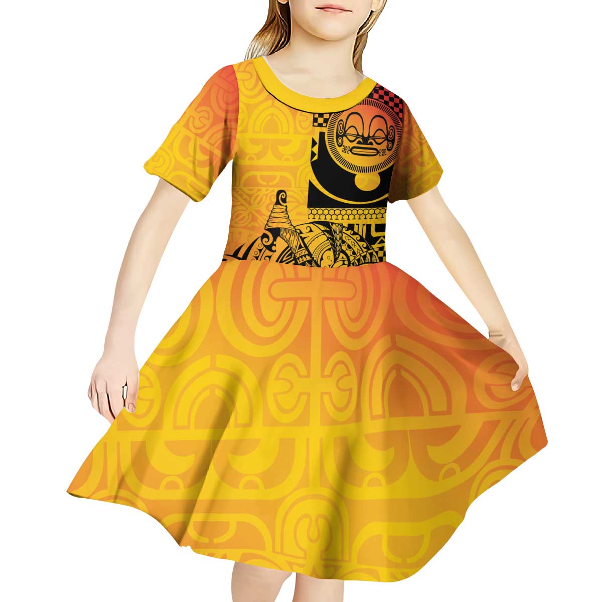 Marquesas Islands Kid Short Sleeve Dress Marquesan Matatiki Fish Hook Patutiki - Polynesian Pride