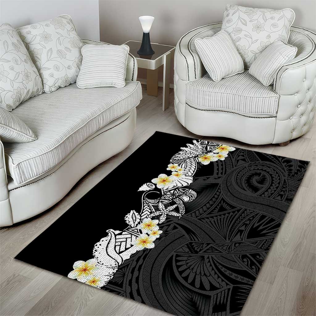 Black Samoa Tattoo Area Rug Plumeria Samoan Ocean Tatau Pattern - Polynesian Pride
