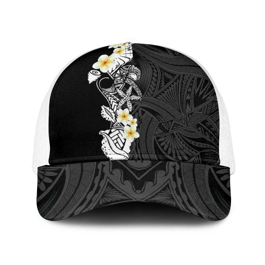 Black Samoa Tattoo Baseball Net Cap Plumeria Samoan Ocean Tatau Pattern - Polynesian Pride