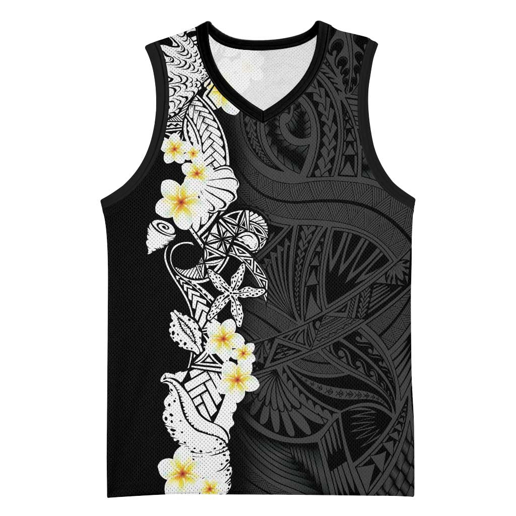 Black Samoa Tattoo Basketball Jersey Plumeria Samoan Ocean Tatau Pattern - Polynesian Pride